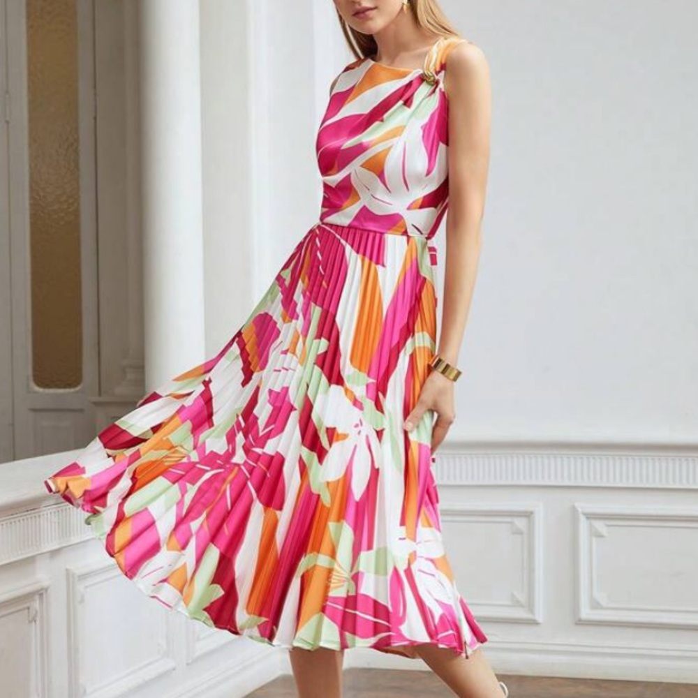 NEW MOTF PREMIUM FLORAL PLEATED MIDI DRESS